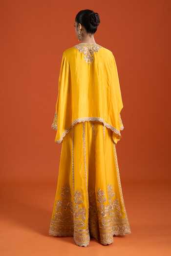Anamika Khanna_Yellow Embroidery, Zari Round Neck, Yes Kurta And Palazzo Set _Online_at_Aza_Fashions