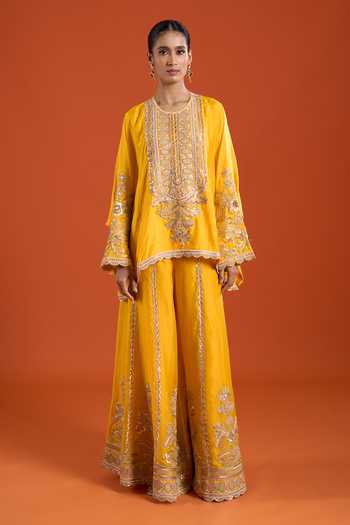 Shop_Anamika Khanna_Yellow Embroidery, Zari Round Neck, Yes Kurta And Palazzo Set _Online_at_Aza_Fashions