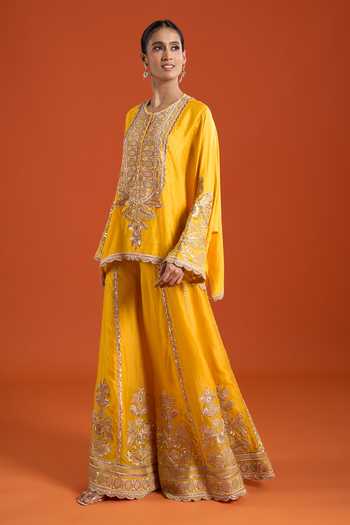 Anamika Khanna_Yellow Embroidery, Zari Round Neck, Yes Kurta And Palazzo Set _at_Aza_Fashions