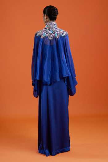 Anamika Khanna_Blue High , Scoop Floral Embroidered Jacket And Skirt Set _Online_at_Aza_Fashions