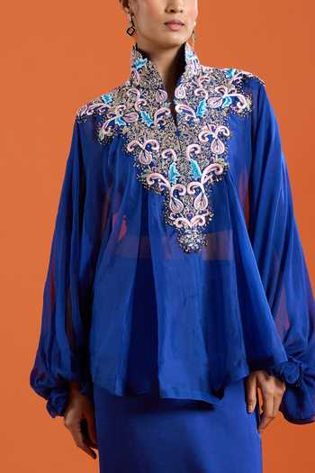 Buy_Anamika Khanna_Blue High , Scoop Floral Embroidered Jacket And Skirt Set _Online_at_Aza_Fashions