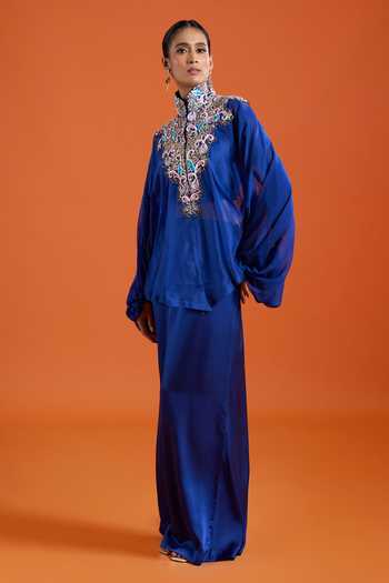 Anamika Khanna_Blue High , Scoop Floral Embroidered Jacket And Skirt Set _at_Aza_Fashions