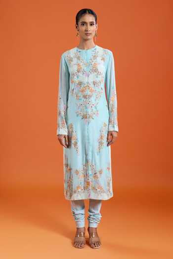 Buy_Anamika Khanna_Blue Mandarin Collar Embroidered Kurta Set _Online_at_Aza_Fashions
