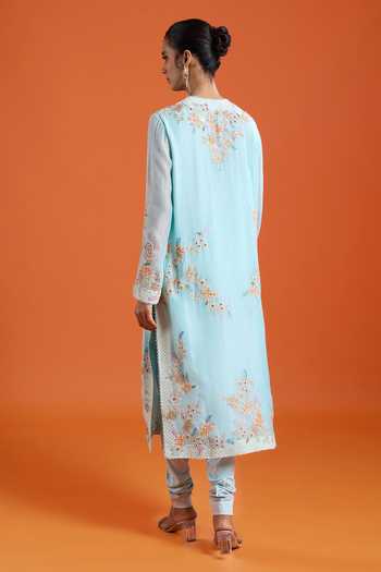 Anamika Khanna_Blue Mandarin Collar Embroidered Kurta Set _Online_at_Aza_Fashions