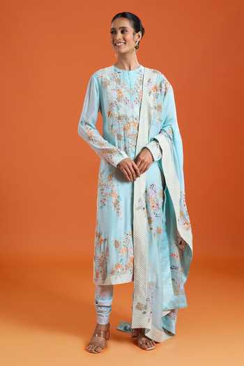 Anamika Khanna_Blue Mandarin Collar Embroidered Kurta Set _at_Aza_Fashions