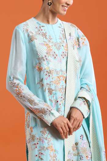 Buy_Anamika Khanna_Blue Mandarin Collar Embroidered Kurta Set 