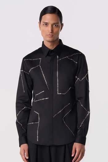 Buy_Line Out Line_Black Cotton Satin Bolt Outline Shirt _at_Aza_Fashions