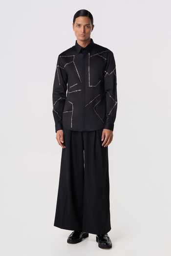 Line Out Line_Black Cotton Satin Bolt Outline Shirt _Online_at_Aza_Fashions