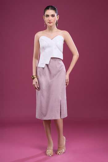 Buy_Naintara Bajaj_White Linen Sweetheart Neck Asymmetric With Skirt _at_Aza_Fashions