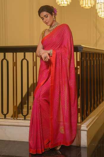 Buy_Label Earthen_Pink Silk V-neck Gulabi Taara Saree And Blouse Set _at_Aza_Fashions