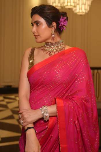 Label Earthen_Pink Silk V-neck Gulabi Taara Saree And Blouse Set 