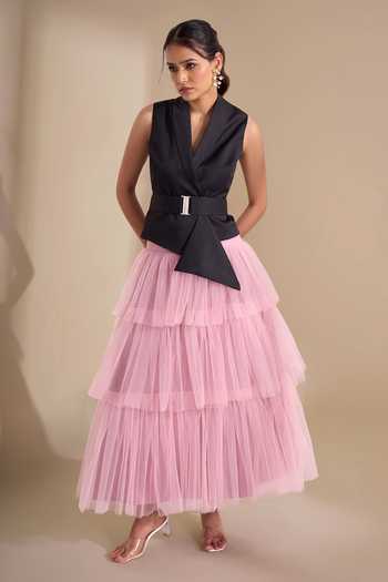 Buy_Naintara Bajaj_Pink Net Draped Waistband Layered Skirt 