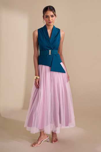 Buy_Naintara Bajaj_Teal Lycra, Net V-neck Striking Duo Waistcoat And Skirt Set _at_Aza_Fashions