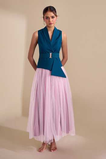 Naintara Bajaj_Teal Lycra, Net V-neck Striking Duo Waistcoat And Skirt Set _Online