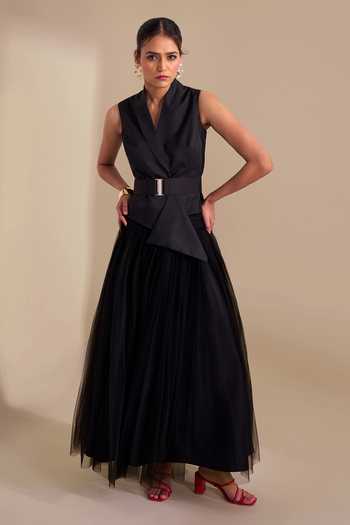 Buy_Naintara Bajaj_Black Net Draped Waistband Flared Skirt _at_Aza_Fashions