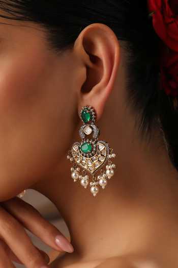 Swabhimann_Green Polki Chandbali Earrings _Online_at_Aza_Fashions
