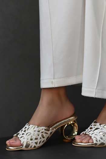 Buy_Miraki_White Webbed Gold Round Heels _at_Aza_Fashions