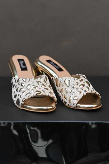Buy_Miraki_White Webbed Gold Round Heels _Online_at_Aza_Fashions