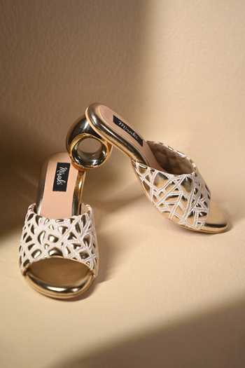 Shop_Miraki_White Webbed Gold Round Heels _at_Aza_Fashions