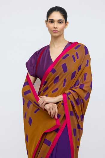 QUARTER_Purple Georgette Sheher Baad Geometric Pattern Saree _Online_at_Aza_Fashions
