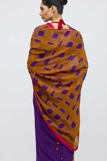 Shop_QUARTER_Purple Georgette Sheher Baad Geometric Pattern Saree _at_Aza_Fashions