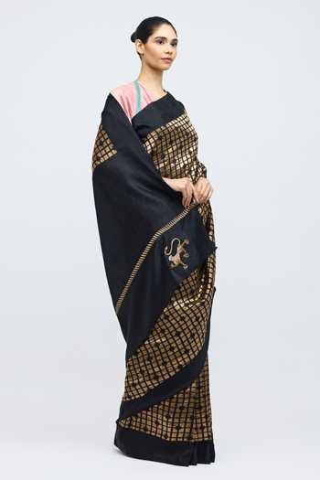 QUARTER_Black Silk Sabina Saree _Online_at_Aza_Fashions