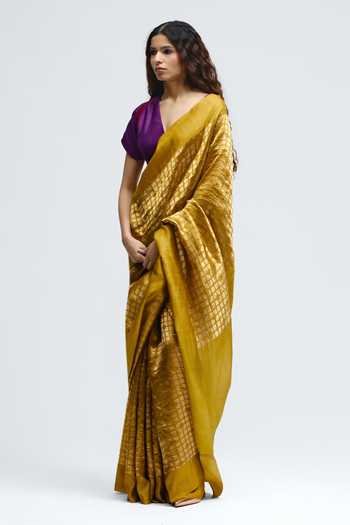 Shop_QUARTER_Gold Silk Sabina Hand Embroidered Saree _at_Aza_Fashions