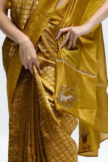 QUARTER_Gold Silk Sabina Hand Embroidered Saree _Online_at_Aza_Fashions