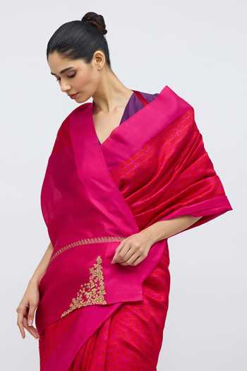 QUARTER_Pink Silk Sabina Brocade Saree _Online_at_Aza_Fashions