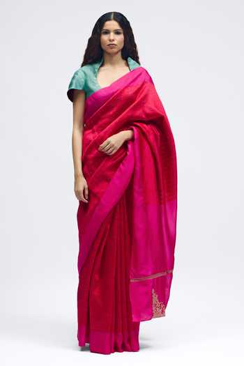 Buy_QUARTER_Pink Silk Sabina Brocade Saree _at_Aza_Fashions