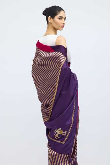 QUARTER_Gold Silk Teerchi Purple Saree _Online_at_Aza_Fashions