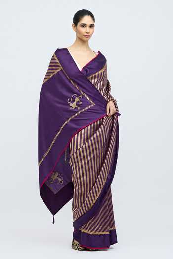 Buy_QUARTER_Gold Silk Teerchi Purple Saree _Online_at_Aza_Fashions