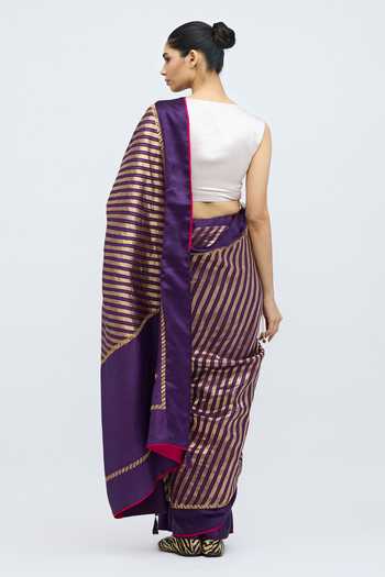 Shop_QUARTER_Gold Silk Teerchi Purple Saree _at_Aza_Fashions