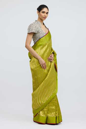 QUARTER_Green Silk Teerchi Chartreuse Saree _Online_at_Aza_Fashions