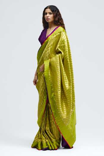 Buy_QUARTER_Green Silk Teerchi Chartreuse Saree _Online_at_Aza_Fashions