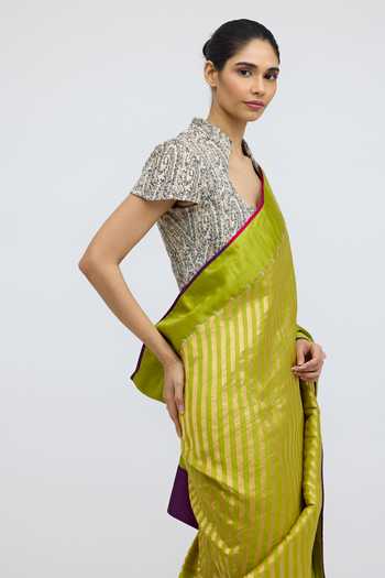 Shop_QUARTER_Green Silk Teerchi Chartreuse Saree _Online_at_Aza_Fashions
