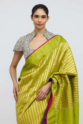 QUARTER_Green Silk Teerchi Chartreuse Saree _at_Aza_Fashions