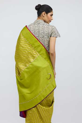 Shop_QUARTER_Green Silk Teerchi Chartreuse Saree _at_Aza_Fashions