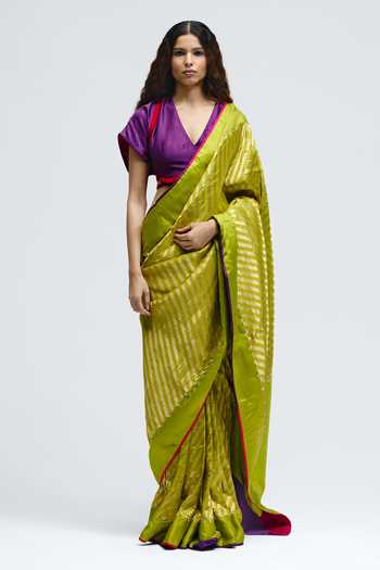 Buy_QUARTER_Green Silk Teerchi Chartreuse Saree _at_Aza_Fashions