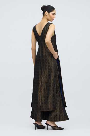 Shop_QUARTER_Black Silk, Brocade V-neck Phalguni Handwoven Kurta And Pant Set _at_Aza_Fashions