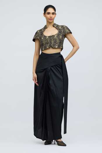 QUARTER_Black Silk Satin Nivi Pre-draped Saree _Online_at_Aza_Fashions