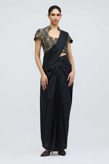 Buy_QUARTER_Black Silk Satin Nivi Pre-draped Saree _at_Aza_Fashions