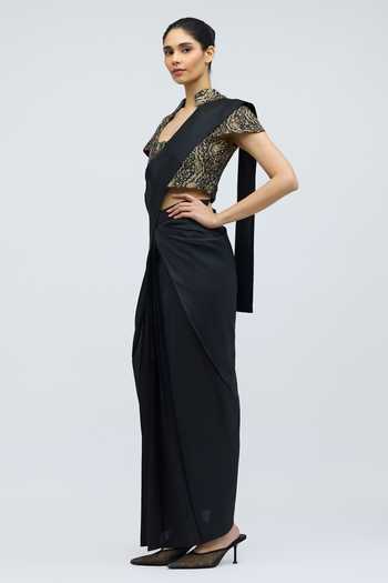 Buy_QUARTER_Black Silk Satin Nivi Pre-draped Saree _Online_at_Aza_Fashions