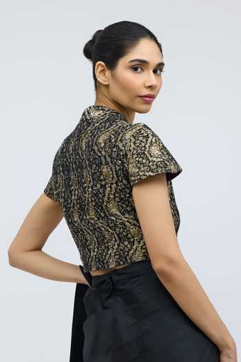 Shop_QUARTER_Black Silk Satin Nivi Pre-draped Saree _Online_at_Aza_Fashions