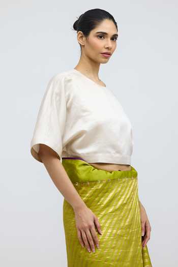 QUARTER_Beige Silk Round Neck Woman Holding A Fruit Handwoven Blouse _Online_at_Aza_Fashions