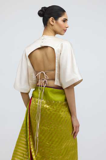 Shop_QUARTER_Beige Silk Round Neck Woman Holding A Fruit Handwoven Blouse _at_Aza_Fashions