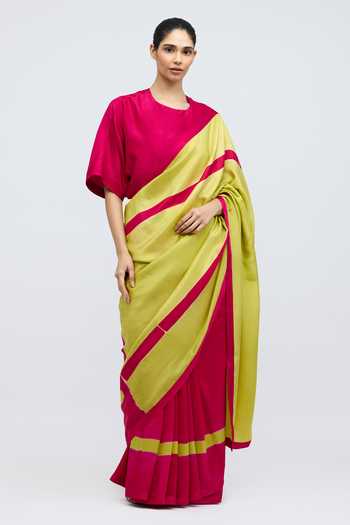 QUARTER_Pink Silk Round Neck Woman Holding A Fruit Handwoven Blouse _Online_at_Aza_Fashions