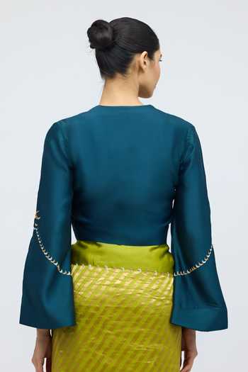 Shop_QUARTER_Blue Silk, Satin V-neck Moon On My Sleeve Blouse _at_Aza_Fashions