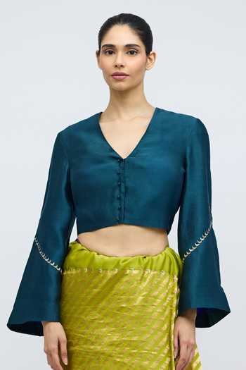 QUARTER_Blue Silk, Satin V-neck Moon On My Sleeve Blouse _Online_at_Aza_Fashions