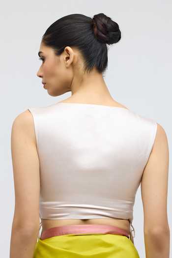 Shop_QUARTER_Off White Silk, Satin V-neck Pearl Angrakha Blouse _at_Aza_Fashions